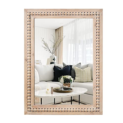 H HOMEWINS Rustic Rectangle Mirror, 22x30 Wooden Square Decorative Mirrors,Farmhouse Wall-Mounted Nature Beads Decor Mirror for Bedroom, Bathroom, Living Room,Vanity