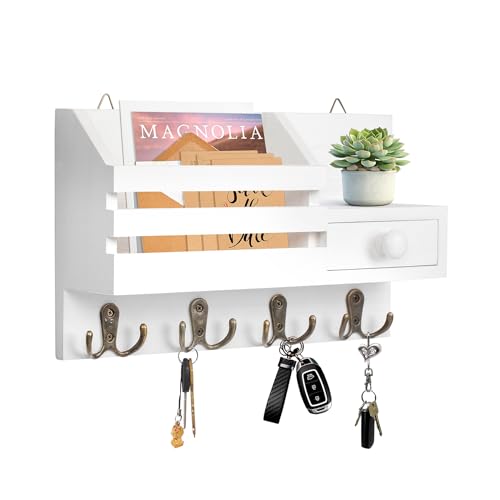 HOMEBROS Key Mail Holder for Wall, White Wooden Key Mail Organizer with Drawer Wall Mount Key Rack with Shelf and 8 Hooks for Entryway Doorway Hallway 2 Installation Methods