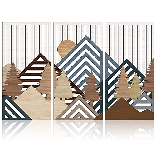 IARTTOP 3 Pieces Mountain Forest Sun Wall Art Nature Wood Artwork Modern Abstract Geometric Wall Decor Boho Wall Art Western Home Decor Wall Decor for Bedroom,Living Room, Office Large Size-16"x32"