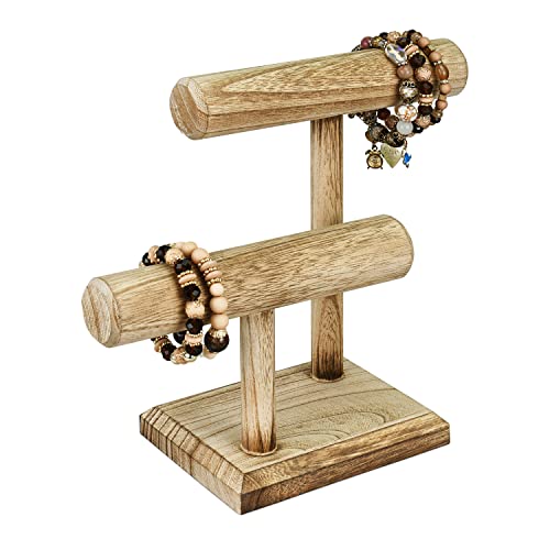 Ikee Design 2 Tier Wooden Jewelry Bracelet Watch Display Tower, Bangle Scrunchie Necklace Holder Storage Stand, Oak Color, 7.9 W x 4.3 D x 9.4 H in