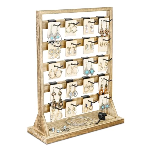 Ikee Design Wooden Jewelry Display Rack with 20 Removable Metal Hooks, Earring Card Display Holder Stand with Hooks, Earring Display Stand for Earring Cards, Necklaces, Keychains, Oak Color