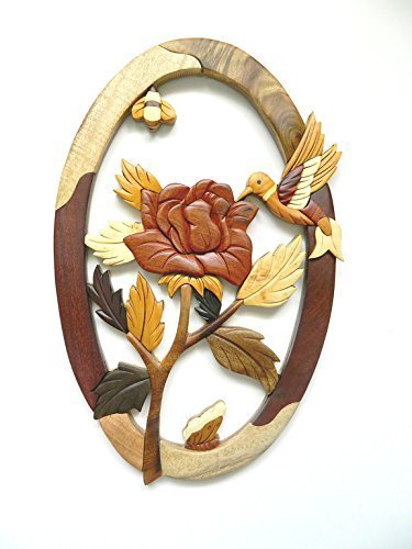 Intarsia Wall Hanging Decor - Oval Rose and Humming Bird