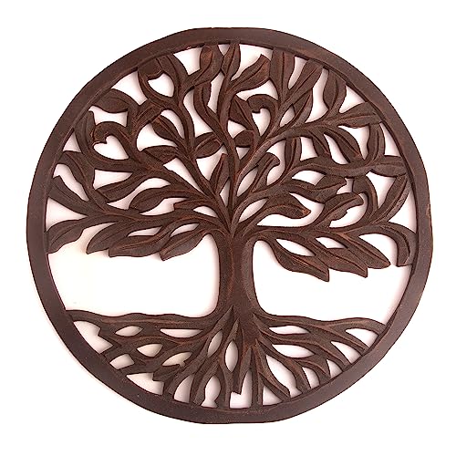 Intricately Handcrafted Decorative Wooden Wall Panel Hanging Sculpture Statue Plaque Art Home Living Room Office Decor Accent Designer Boho Farmhouse Tree of Life Decor, 12 Inch, Round, Rustic Brown