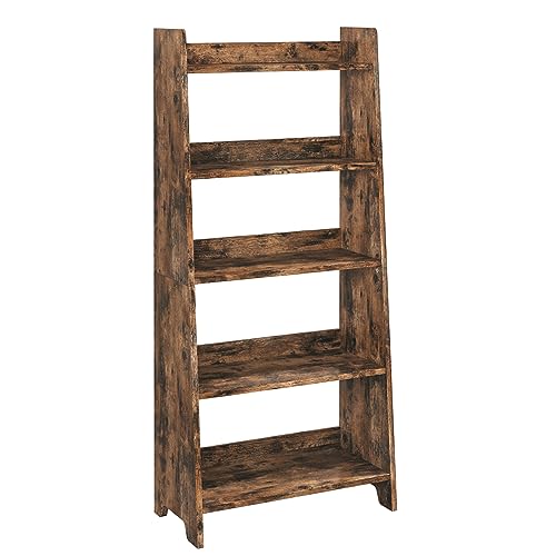 IRONCK Bookshelf and Bookcase, Industrial 5 Tier Wood Ladder Shelf, for Home Office, Living Room, Bed Room, Vintage Brown