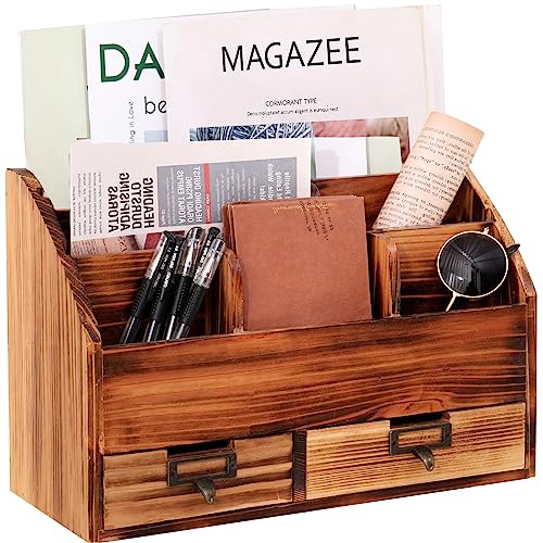 JINHYUMY Wooden Desk Organizer Pencil Holder Cosmetic Storage Desk Box Home Office Art Supplies with 2 Drawer and Compartments