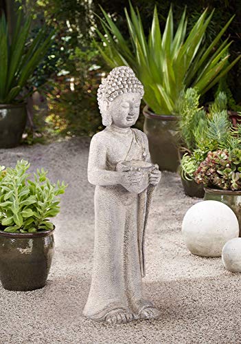 John Timberland Standing Buddha Statue Sculpture Zen Asian Japanese Garden Decor Indoor Outdoor Front Porch Patio Yard Outside Home Balcony House Exterior Lawn Gray Faux Stone Resin 32" Tall