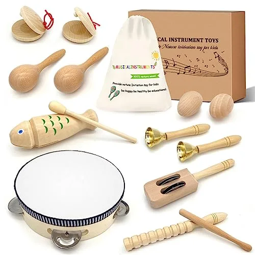 Jpnew Toddler Musical Instruments - Natural Wooden Musical Toys Percussion Instruments Set Preschool Educational Xylophone Kids Drum Set with Storage Bag for Boys and Girls