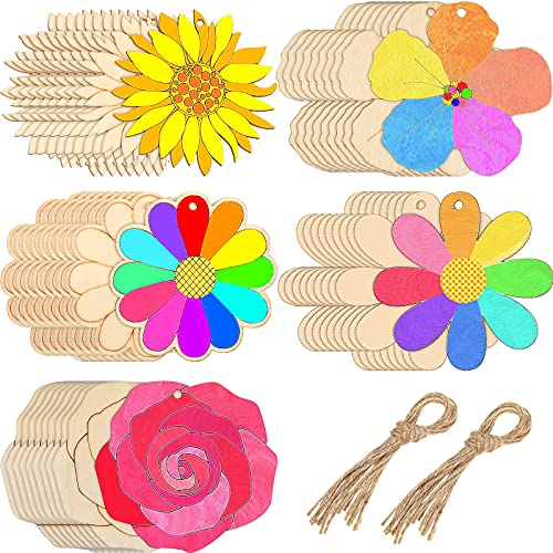 Kathfly 50 Pieces Flowers Unfinished Wooden Cutouts for Crafts Sunflower Wood Slices Flower Wooden Paint Crafts for Kids Painting, DIY Crafts Painting Tags Wedding Home Decorations