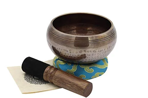 KHUSI Traditional Tibetan Singing Bowl - Premium Quality Natural Material Craftsmanship Meditation Bowl with Wooden Mallet & Round Shape Silk Cushion - Perfect for Meditation, Yoga, Healing Usage