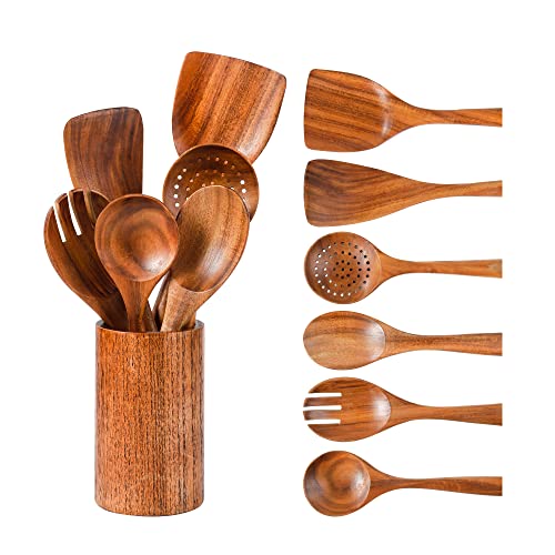 Kitchen Utensils Set, NAYAHOSE Wooden spoons for Cooking Non-stick Pan Kitchen Tool Wooden Cooking Spoons and Wooden utensil storage wooden barrel