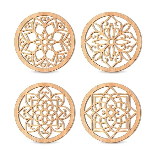 KOYILTD 4 Pieces Thicken Rustic Wall Decor,Flower Carved Wall Art,Wooden Hollow Carved Design(Round, 8.2in)