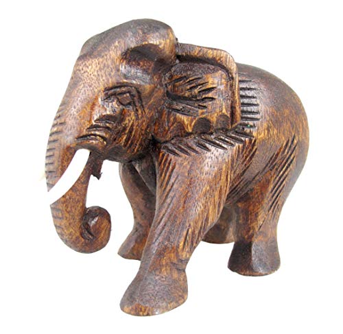 Land of Simple Treasures Hand Carved Wooden Elephant Statue - Wood Elephant Carving from Thailand - Feng Shui Elephant Figure - Brown, 5.5 Inches
