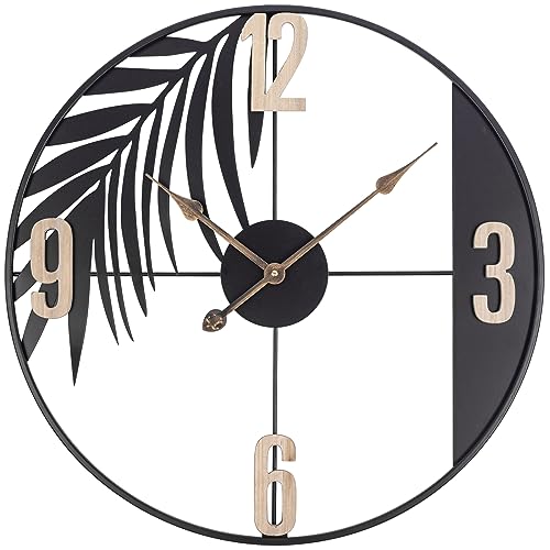 Large Leaf Metal Wall Clock for Living Room Decor, 24 Inch Silent Non-Ticking Battery Operated Wall Clock with Wooden Arabic Numerals, Black Boho Round Wall Clock for Bedroom Kitchen Outdoor Patio