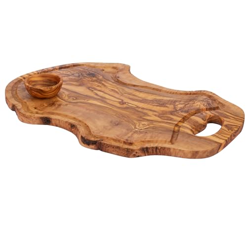 Large Olive Wood Serving Tray Cutting Board Platter, 18” Handmade with Handle. Steak, Cheese and BBQ, includes Dipping Bowl by ELEVATE LIFESTYLE. Ideal for Rustic Charcuterie and Serving