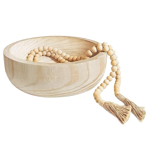 LEJHOME Wood Bowl, Rustic Farmhouse Decorative Bowl with Wood Bead Garland, 10.6in Wooden Serving Dough Fruit Key Bowl for Tabletop Centerpiece Boho Home Decor