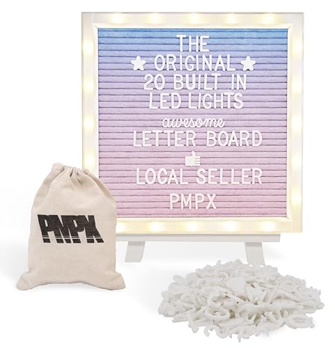 Letter Board THE ORIGINAL Gradient Felt Board with Stand, Built-in LED Lights 10x10 -Menu Board + Wood Frame, 340 Letters, Emojis + Cursive words, Pregnancy Announcement, Weddings