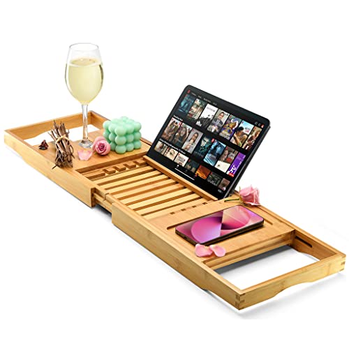 Luxury Bathtub Tray Caddy - Foldable Waterproof Bath Tray & Bath Caddy - Wooden Tub Organizer & Holder for Wine, Book, Soap, Phone Luxury Gift For Men & Women - Expandable Size, Fits Most Tubs Home It