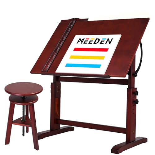 MEEDEN Vintage Wood Drafting Table & Stool Set, Artist Drafting Chair and Craft Table with Adjustable Height, Tiltable Tabletop for Artwork, Graphic Design, Writing