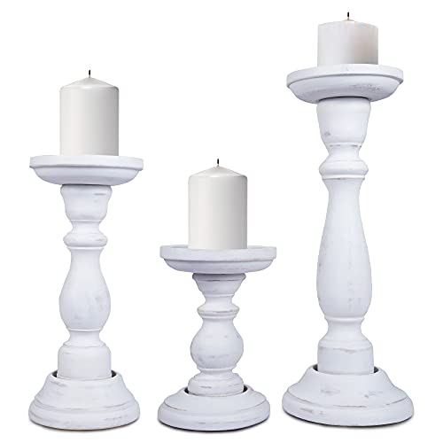 Mela Artisans Shabby White Hand Carved Wooden Pillar Candle Holders - Set of 3 | Tuli Decorative Style | Crafted from Mango Wood | Rustic Table Centerpiece Decor | Sized 6", 9" and 12"