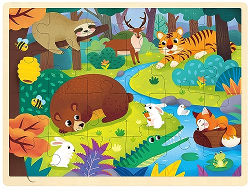 MoinKidz 24 Piece Puzzles for Kids Ages 3-5, Unique Shape Jigsaw Pieces Forest Animals, Wooden Jigsaw Puzzle for 3 4 5 Year Old, Preschool Toddler Puzzle with Storage Tray