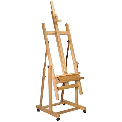 Mont Marte Tilting Studio Wooden Floor Easel. Height Adjustable Extra Large H-Frame Featuring a Large Tilt Range. Castor Wheels Allow Easy Movement and Can Be Locked into Place.