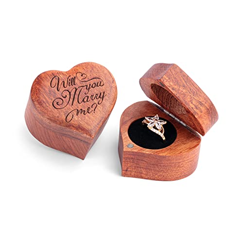 MONYCraft Ring Box Heart - Handmade Wooden Ring Box for Proposal, Engagement Ring Box Wood, Unique Proposal Ring Box Engraved With Will you marry me? (Heart Shape Ring Box)