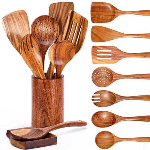 Mooues 9 Piece Wooden Spoons for Cooking, Wooden Utensils for Cooking with Utensils Holder, Natural Teak Wooden Kitchen Utensils Set with Wooden Spoon Rest, Comfort Grip