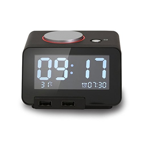 Multi-Function Alarm Clock, Indoor Thermometer, Charging Station/Phone Charger with Dual Port USB for Cell Phone(Black)