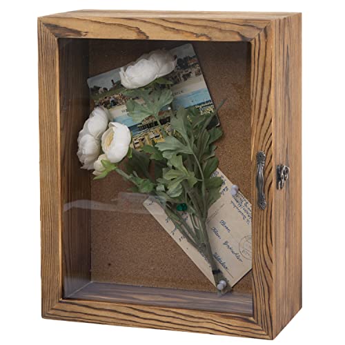 MyGift 11 x 14 Rustic Burnt Wood Wall Mounted Shadow Box Frame Cabinet with Clear Acrylic Paneled Cursive Hinged Door