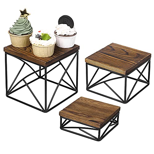 MyGift Modern Tabletop Square Dessert Stand Risers, Cake and Appetizer Display Nesting Pedestals with Rustic Brown Wood Top Shelf and Metal Wire Base, Set of 3