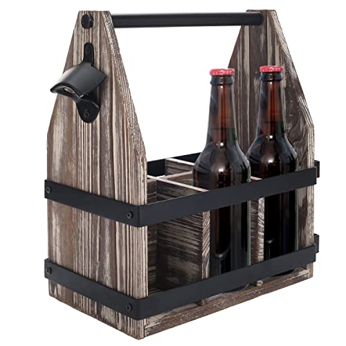 MyGift Rustic Solid Torched Wood 6 Slot Beverage Bottle Carrier Beer Caddy with Napkin Holder, Built-In Bottle Opener and Black Metal Side Accents