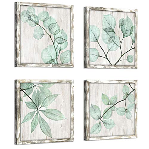 Natural Leaf Wooden Artwork Framed: Green Twig Graphic Art Print on Wood Boards Wall Art Framed for Bedroom (12" W x 12" H x 4 PCS, Multi-Sized/Material)