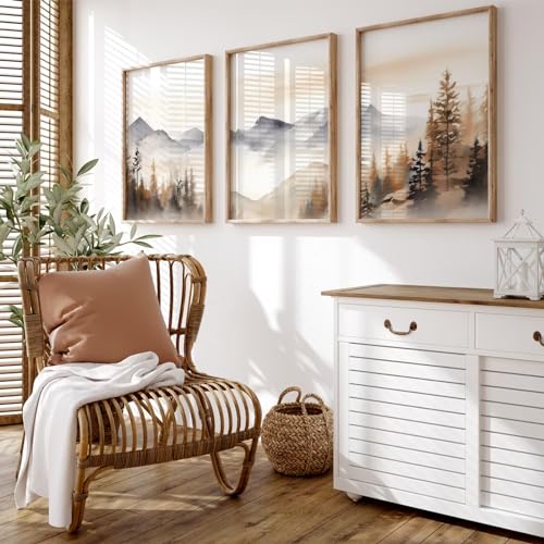 Neutral Mountain Wall Art Decor Set of 3 Forest Canvas Wall Art Poster Landscape Wall Art Artwork Modern Pictures Abstract Painting Watercolor Prints for Living Room Bedroom 12x16 Inch Unframed