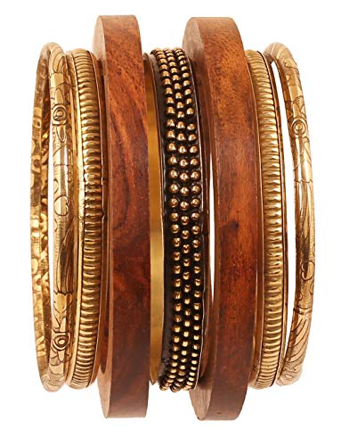 NEW! Touchstone Indian Bollywood Handcrafted Pretty Assorted Pattern Designer Jewelry Brass And Wooden Bangle Bracelets Set of 7 In Antique Gold And Natural Tones For Women.