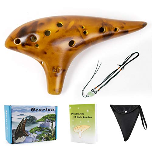 Ocarina,12 Tones Alto C Ceramic Ocarina Musical Instrument with Song Book Neck String Neck Cord Carry Bag Good Gift for Adults Beginners (Yellow)