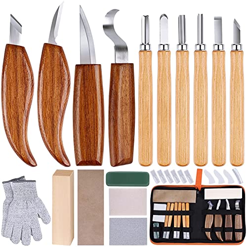 Olerqzer 26-in-1 Wood Carving Kit with Detail Wood Carving Knife, Whittling Knife, Wood Chisel Knife, Gloves, Carving Knife Sharpener for Spoon, Bowl, Kuksa Cup (Carving Knife Kits)