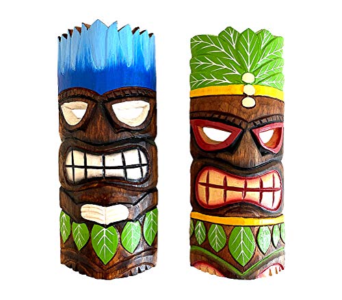 OMA Set Of (2) Wooden Hand Crafted Tiki Masks With Vibrant Tropical Design & Stunning Details 12" High