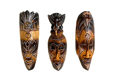 OMA Set Of (3) African Wall Masks With Stunning Details Hand Crafted Wooden Tribal Tiki Wall Hanging Home Décor Gift (Tribal)