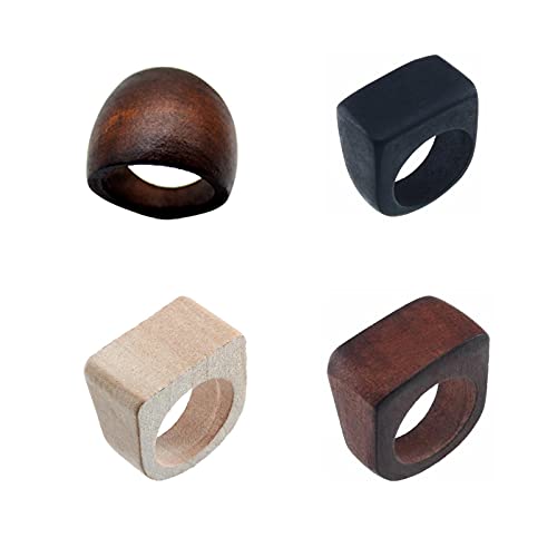 Original Natural Wood Rings Handmade Retro Geometric Round Statement Rings Vintage Bohemia Wooden African Ethnic Ring Jewelry for Women Girl-4pcs
