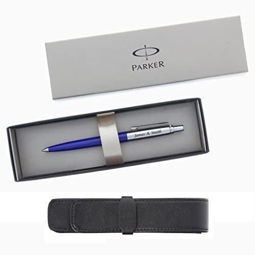 Parker Personalized/Engraved Jotter Stainless Steel & Blue Ballpoint Pen with Leather Case and Gift Box - Custom Engraving with your Name (Blue & Silver)