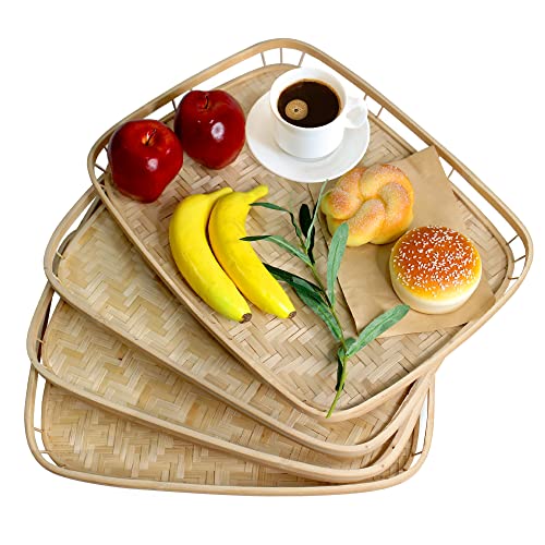 PEMAR Bamboo Wicker Serving Trays for Food, Rectangular Lap Trays for Foods & Drinks. Decorative Trays for Coffee Table. 4 Pack Set