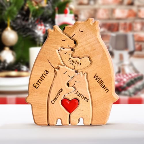 Personalized Wood Bear Puzzle with 1-8 Family Names, Custom Wooden Art Puzzle Gifts, Custom Family Name Sculpture, Home Decoration Christmas, Birthday Gifts for Family, Mom, Kids, House Warming Gifts