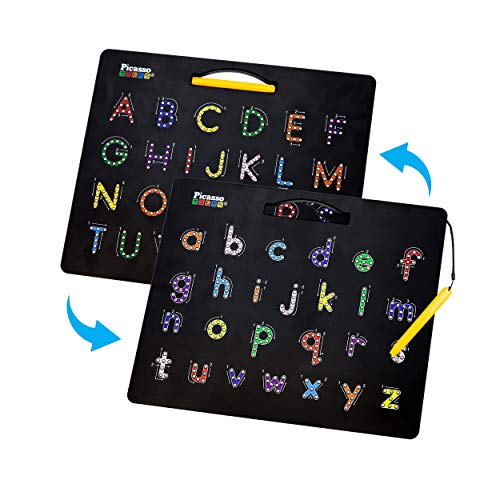 PicassoTiles 2-in-1 Double Sided Magnetic Alphabet Board ABC A-Z Upper Case Capital and Lowercase Letter Writing Reading Playboard 12x10 inch Large Magnet Tablet Pad Open-Ended Learning Playset PTB03