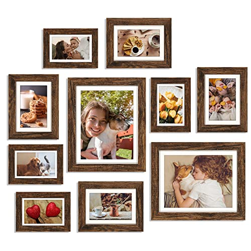 Picture Frames Collage Wall Decor, 10 pack Photo Frame Set for Wall Gallery Decor-Farmhouse Wood Photo Display 8x10 or 5x7 with Mat or 4x6 without Mat for Wall Mounting or Tabletop-Rust Brown