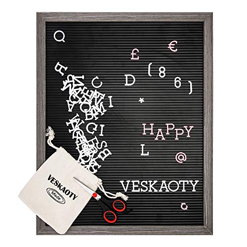 Plastic Letter Board with 376 Letters, Numbers & Symbols - 16 x 20 inch Changeable Message Board with Wooden Frame Wall Mount Hook, (Black Board & Grey Frame) by Veskaoty