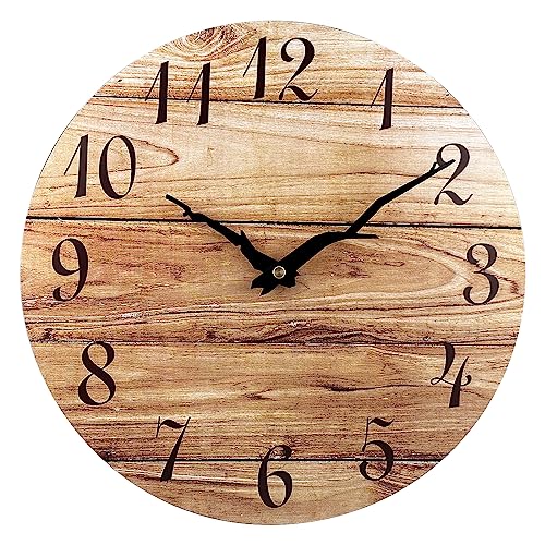 Plumeet Wall Clock, 12'' Frameless Wooden Wall Clocks with Silent Quartz Movement, Rustic Country Village Walnut Clocks Decorative for Kitchen Bedroom Living Room, Brown