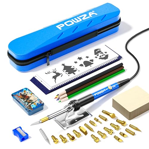 Powza, Corded Electric 72Pcs Wood Burning Kit for Beginners, Adjustable Professional wood burner pen Tool and Accessories, woodburning Embossing Carving (BLUE)