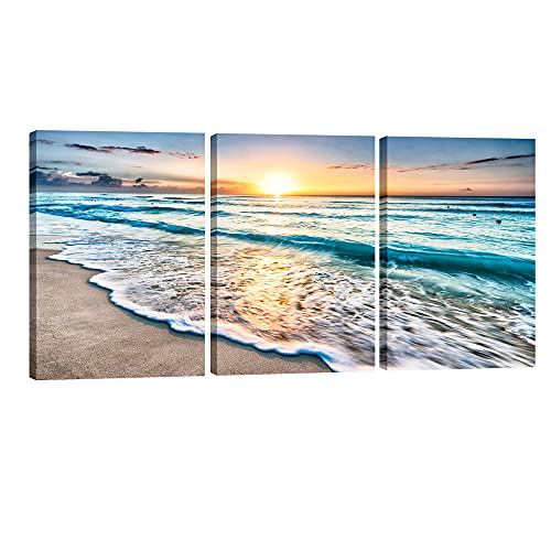 Pyradecor 3 Panels Blue Beach Sunrise White Wave Pictures Painting on Canvas Wall Art Modern Stretched Seascape Canvas Prints Seaview Landscape Artwork for Home Office Decorations