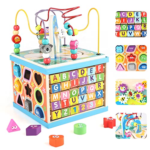 Qilay Wooden Activity Cube for Toddlers 1-3, 5 in 1 Multipurpose ABC-123 Abacus Early Educational Montessori Toys, Learning Toys for 1 2 3 Year Old | Bead Maze, First Birthday Gifts for Boys Girls