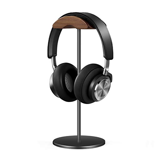 QinCoon Headphone Stand, Walnut Wood & Aluminum Headset Stand, Nature Walnut Gaming Headset Holder with Solid Heavy Base for All Headphone Sizes (Black)